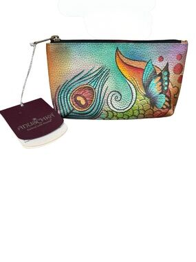 NWT Anuschka Butterfly Paradise Cosmetic Pouch with Clear Window and Tan Trim